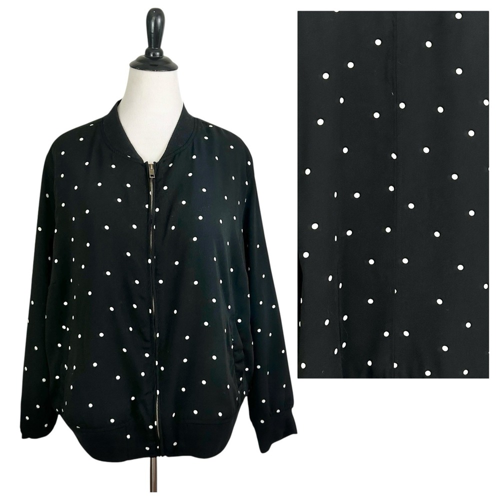 WHO WHAT WEAR Black Polka Dot JACKET Plus 3X Full Zip Lightweight Preppy Lined
